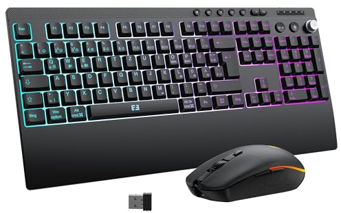Beleuchtete Bluetooth Kabellose Tastatur mit Maus Set, QWERTZ, Schwarz | 3 Geräte Verbindung, webbasierter Anpassung, Handballenauflage, 7200 DPI Funkmaus, für Windows, Mac OS, Laptops
