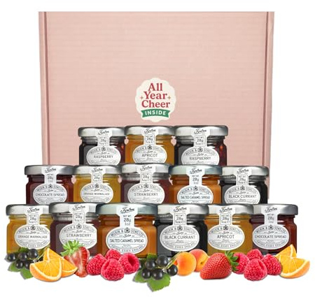 All Year Cheer Mini Jam and Spread Gift Set – 14 Assorted Luxury Fruit Jams Marmalade Chocolate and Salted Caramel Pots Raspberry Strawberry Apricot Blackcurrant Letterbox Friendly UK Hamper