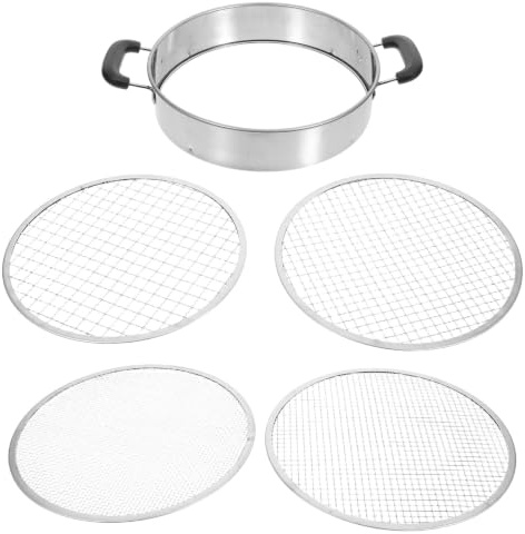 Operitacx 1 Juego de tamiz de Tierra de Acero Inoxidable, tamiz de jardín de 25 cm con 4 Mallas Intercambiables de 3, 6, 9 y 12 mm, Pantalla de tamizado para filtrar Tierra, Arena, Rocas y Compost.