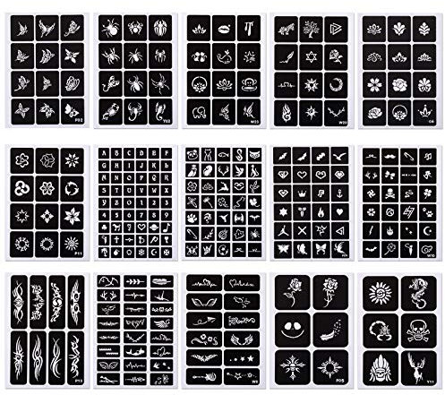 Kesote 15 Hojas de Plantilla de Tatuaje Temporal Reutilizable para Niños Adultos (Negro)