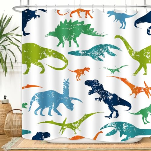 ZXMBF Dinosaur Shower Curtain Colorful Kid Cartoon Jurassic Children Dino Elasmosaurs Themed Bath Curtain Waterproof Fabric Bathroom Decor 72x72 Inch Plastic Hooks 12 PCS