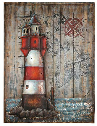 GILDE Gallery Bild - Kunstobjekt - Leuchtturm - handgefertigte Metallkunst auf Holz 100 x 75