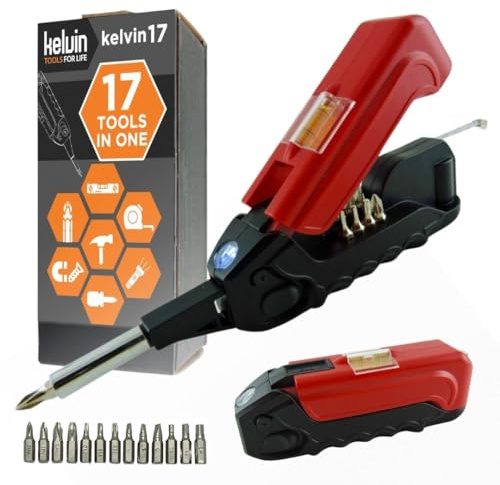 Kelvin Tools - Kelvin 17 Urban Screwdriver Set, All in One Everyday Multitool Screwdriver, Multi-Tip, Compact & Universal Precision, 13 Bit Set with Tape Measure, Liquid Level, Hammer and Flashlight