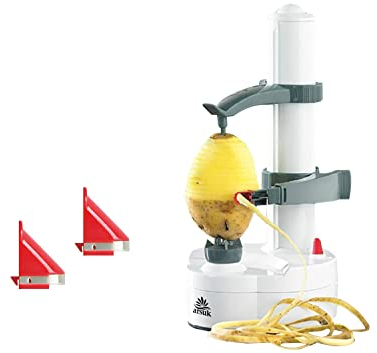 ARSUK Peladora eléctrica multifunción Peladora de Manzana giratoria automática Peladora de Patatas Máquina de Corte de Verduras Herramienta de pelado de Cocina de Acero (Blanco)