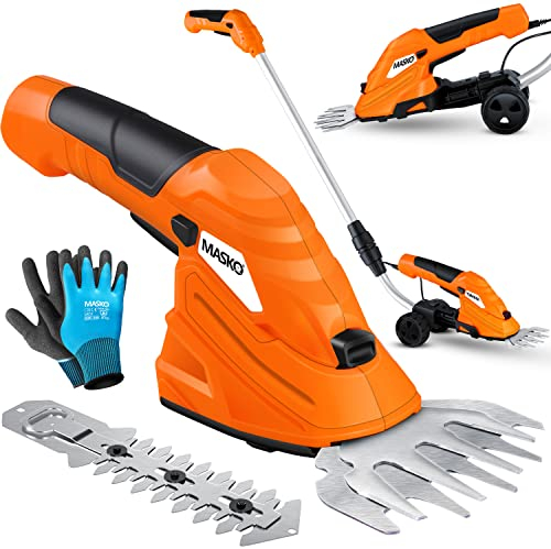 MASKO® Tagliaerba, Tagliaarbusti con batteria 7.2V 2000mA/h + caricatore + guanti, Tagliasiepi elettrico da giardino, forbici da prato incluse. Lama per erba + lama per arbusti incl. asta telescopica