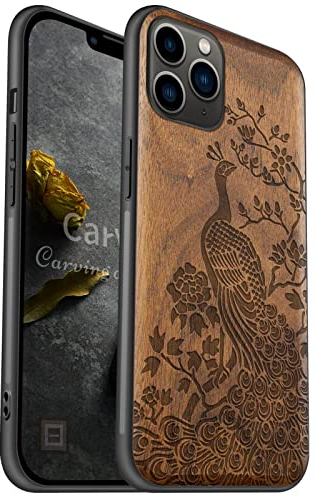 Carveit Coque Compatible avec iPhone 11 Pro Étui en Bois [Etui en Bois Rigide Antichoc avec Cadre en TPU] Téléphone Étui pour 11 Pro Premium Coque de Protection (Noyer-Paon élégant)