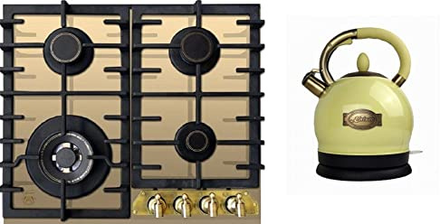 Kaiser Gas-Kochfeld KCG 6335 ElfEm, 60cm, Elfenbein Glas, Retro Einbau Herd, 3,8kW WOK Facette vorne Metallplate Bronze + WK 2000 ElfEm Exklusiver Retro Wasserkocher Kontroll LED 2 L 1800W
