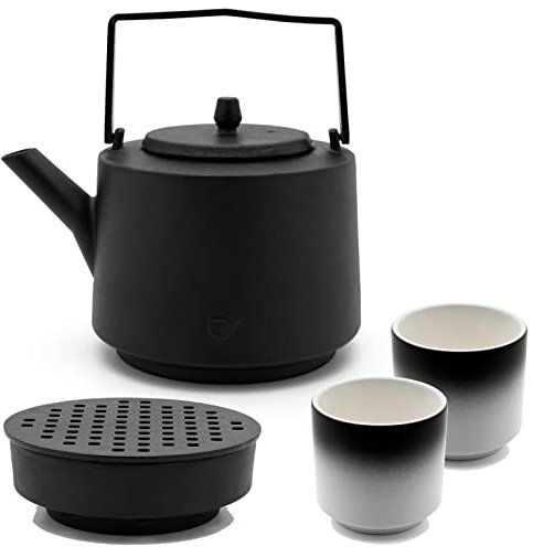 Bredemeijer Teekanne asiatisch Gusseisen Set 1.2 L - großer Teekessel & Edelstahl Tee-Filter Sieb-Einsatz für losen Tee & Teebecher (2 Porzellan Tassen) & Stövchen