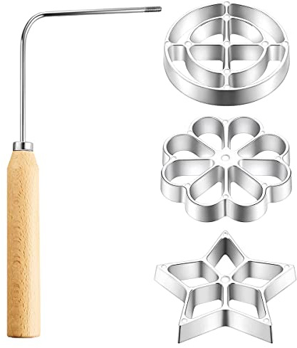 4Pack Metal Waffle Mould Set Durable Rosette Cookie Bunuelos Tool with Wooden Handle Star Flower Circle Waffle Maker Kitchen Accessories for Kitchen Baking Cooking