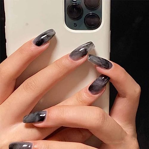 24pcs Medium Coffin False Nails Black Stick on Nails Ombre Press on Nail Removable Glue on Acrylic Full Cover Fake Nail Art Accessories for Women