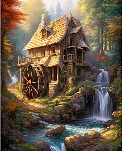 Tucocoo Rustikales Kabinen-Malen nach Zahlen-Set mit Pinseln und Acryl-Pigment auf Leinwand Malerei für Erwachsene Wald Wasserrad Wasserfall Bilder Kunsthandwerk Heimdekoration Geschenke(DIY gerahmt)