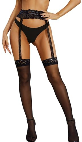 RSLOVE Stockings for Women Sheer Thigh High Sexy Pantyhose Lace Suspender Tights Garter Antiskid Silicone Black