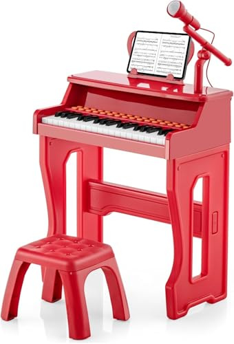 RELAX4LIFE Pianoforte per Bambini con 37 Tasti, Tastiera Musicale con Microfono, Leggio e Sgabello, Funzioni di Record e Playback, Regalo di Natale/Compleanno per Bambini 3 4 5 6 anni (Rosso)