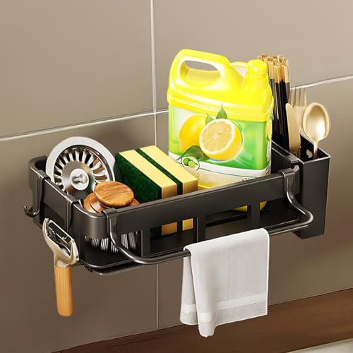 Multi-Functional Sink Caddy, Wall Mounted Kitchen Sink Caddy, Punch-Free Kitchen Wall Storage,with 2 Chopstick Holders,2 Hooks and Towel Rack,For Sponge,Rags,Dish Brushes,Detergent and Soap Storage