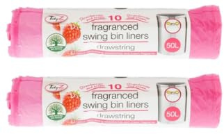 x2 Tidy 10 Pedal Bin Liners with Tie Handle and Drawstring, Suitable for Bedroom, Kitchen, Bathroom, 50L Capacity Each, Strawberry Scented Recycled Bin Liner Bag (Total 20)