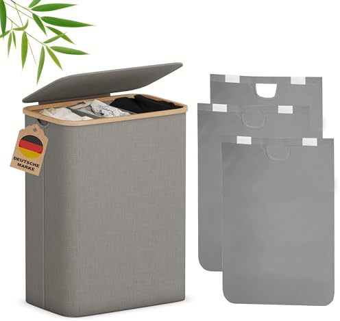 AdelDream 160L Wäschekorb mit Deckel 3 Fächer Wäschekorb Wäschesack schmal Wäschesortierer Wäschebox Wäschetonne Wäschesammler mit Deckel Wäschetruhe Wäschekörbe laundry baskets 160L Grau