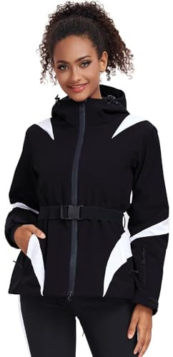 ALSOGO Damen Skijacken Wasserdicht Isoliert Snowboard Berg Kapuzen Schnee Mantel Jacke mit Gürtel Schwarz M
