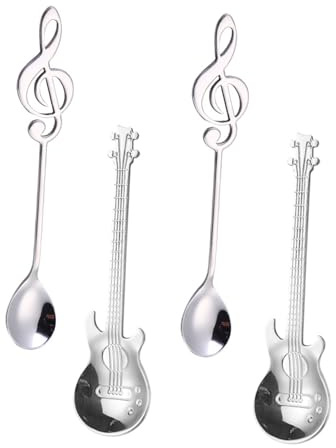 QLEUIFT 4 pcs Gitarre Kaffeelöffel Set,Gitarre Kaffeelöffel und Musiknote Kaffeelöffel,Musiker Geschenke,Edelstahl,Lustig Musik Deko Geschenk Teelöffel,für Tee,Milch,Kaffee,Dessert,Drink,Milchshake