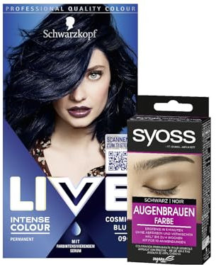 Schwarzkopf LIVE Intense Colour Haarfarbe 90 Cosmic Blue (142 ml), dauerhafte Coloration mit farbintensivierendem Serum & Syoss Augenbrauen Kit Augenbrauenfarbe 1–1 Schwarz Stufe 3 (17 ml)