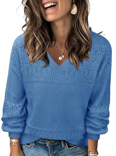 Messic Damen-Pullover 2025, lässig, langärmelig, V-Ausschnitt, leicht, lockerer Strick, Himmelblau, Mittel