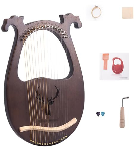 HAJHI Klassisch Griechenland Lyre Harfe 16 Saiten Tragbar Harfe Instrument Massivholz Geweih Box-Typ Resonanzkammer Schoßharfe Party Konzerte Stimmen Schraubenschlüssel(Dark brown-deer)