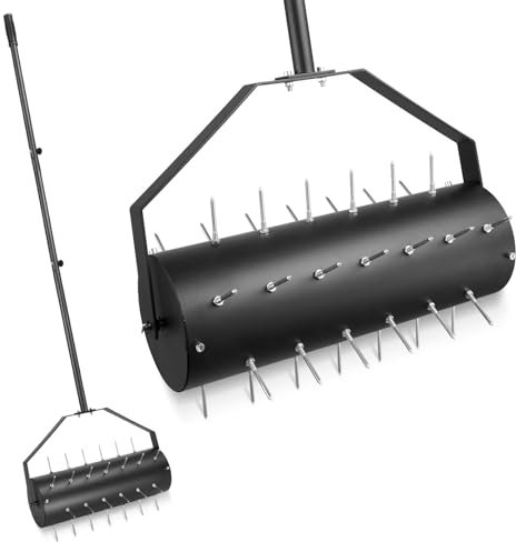 Fachmach Lawn Aerator Roller Garden Rolling Lawn Grass Spikes 6cm long, 141cm Detachable Handle, Heavy Duty Outdoor Manual Garden Lawn Tool