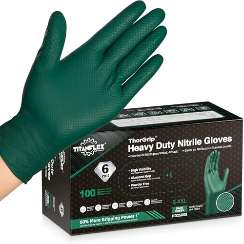 TitanFlex Green Nitrile Gloves 6 Mil Heavy Duty Medium Raised Diamond Texture Industrial Gloves for Mechanic Gardening Garden Work (Box of 100)