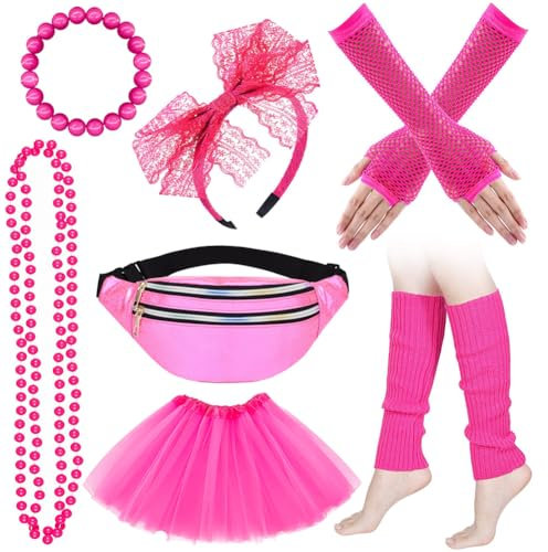 SYTTNUM 80er 90er Rosa Jahre Outfit Damen Set,7 Stück Gürteltasche, Röcke,Halskette, Armband, Ohrringe, Kopfbedeckung, Fingerlose Handschuhe, 80er Jahre Accessoire, Neon Thematische Party Rave Outfit