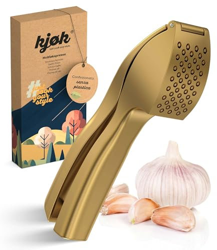 kjøk Premium Knoblauchpresse aus Zinklegierung in Gold matt - profi Knoblauch Presse spülmaschinenfest praktische und stylische Knobipresse - garlic pro press leicht zu reinigen