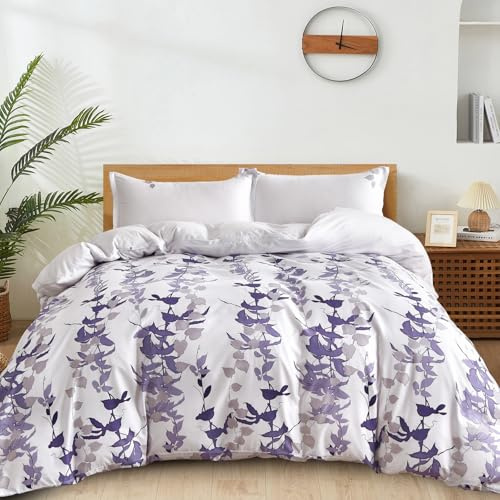 King Size Duvet Cover Sets Purple Botanical King Size Bedding Set Breathable Polyester Stylish Quilt Set with Pillowcases 3PCS, Purple Leaves, 220x230cm