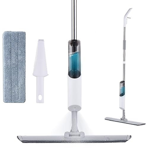 Trapeador en aerosol para limpieza de suelos, mopa húmeda y seca con botella de agua recargable de 270 ml, 2 almohadillas lavables, 1 pulverizador de microfibra, mopa plana para azulejos de madera