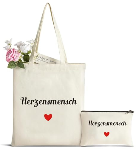 hamatata Canvas Tote Bag mit Kosmetiktasche, Herzensmensch Geschenk, Baumwolltasche Bedruckt, Einkaufstasche mit Motiv, Geschenk für Frauen Freundin, Kollegin Schwester zum Geburtstag, Weihnachten