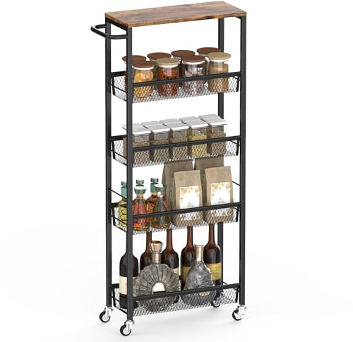 Nandae Carrello da cucina a 5 ripiani su ruote, carrello sottile con piano in legno e ripiani in rete metallica, scaffale stretto multifunzionale per cucina, dispensa, ufficio, marrone