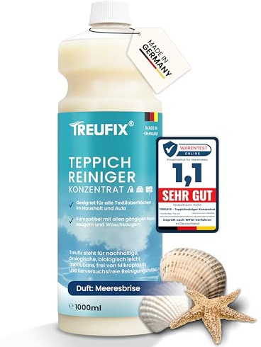 Treufix Teppichreiniger & Polsterreiniger Konzentrat - Meeresbrise | für alle Teppichböden und Polster | Effektives Teppich Reinigungsmittel 1L | Geeignet für alle Waschsauger und Nasssauger