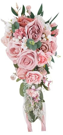pistro Bouquet de mariée en cascade - Bouquet de roses romantiques - Bouquet de mariage à lancer pour décoration de fête à la maison - 48,9 cm - Fleur en soie