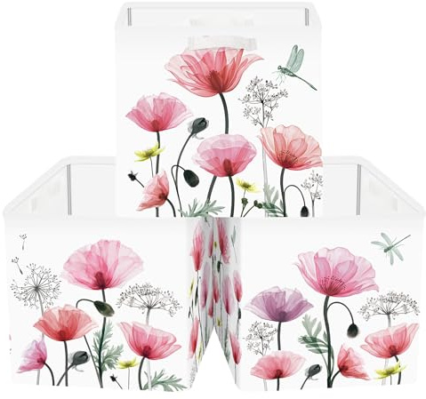 Clastyle 3 Stück Wildblumen Frauen Aufbewahrungsbox Stoff für Kallax Faltbar Aufbewahrungskorb Klein Schrank Organizer Kleiderschrank für Regal,Roter Mohn,30x30x30 cm