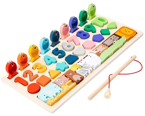 LUVYO Juguetes Montessori 3 Años de Madera – Juego de Pesca Magnético con Números, Formas y Animales en Inglés – Juguete Educativo Niños 3 Años – Regalo Niño 3 Años – Encajables Bebe 3-5 años
