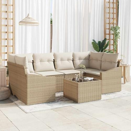 Frdhee Juego de muebles de balcón, sofá de jardín con cojín con almacenamiento, 7 piezas beige y crema, grupo de banco de esquina para balcón, terraza, patio trasero