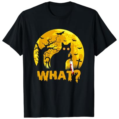 Cat What? Chat Noir d'halloween avec Couteau – Funny What Cat T-Shirt Graphique avec Valeur