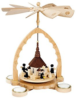 Richard Glässer Seiffen German Christmas Pyramid Seiffen Church, Height 27 cm / 11 inch, Natural with tealights, Original Erzgebirge by Richard Glaesser Seiffen