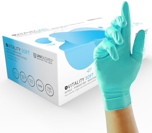 Unigloves Vitality Nitrile GD0054 Moisturising Examination - Multipurpose, Powder and Latex Free Disposable Gloves, Box of 100 Gloves, Aqua Blue, Large