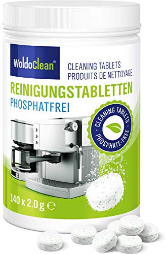 WoldoClean Pastillas de limpieza sin fosfatos para cafeteras automáticas, cafeteras, Jura, Delonghi, Bosch, Siemens Seaco 140x