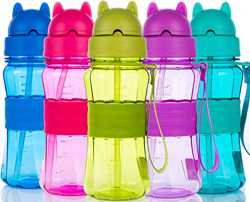 Bottiglia per l'acqua Bambini con cannuccia senza BPA Tritan a Prova di perdite Borracce Bambini con Tracolla per Asilo, Scuola, Casa, Escursionismo e Attività all'aperto (Blu)