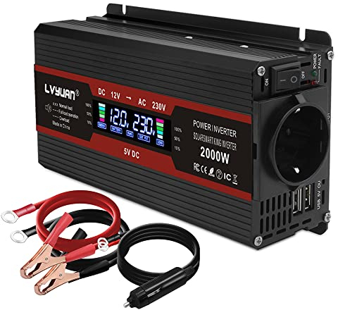 Cantonape 800W/2000W Convertisseur de Courant de Voiture à Onde modifiée, 12 à 220V 230V - Transformateur, Prise UE, Dual USB, avec écran LCD, Moniteur pour Voiture, Caravane, Bateau, Camping