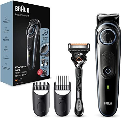 Braun Men's Beard Trimmer Series 3 & Hair Clippers with Gillette Fusion5 ProGlide Razor, 39 Length Settings, UK 2 Pin Plug, BT3240, Black/Blue