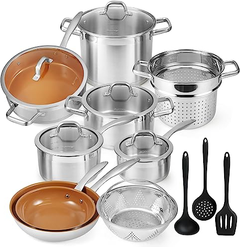 duxtop 17PC Professional Stainless Steel Induction Cookware Set, Stainless Steel Ceramic Nonstick Pan Set, Impact-Bonded Technology, Fusion Titanium Reinforced Ceramic Coating, Copper, SSCC-17PC-CP