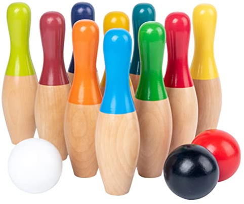 ZhuHeiJian Bowling-Set für Kinder, Rasen, Bowling-Spiele, Holz, Hinterhof, Kegelspiel, Set mit 10 Pins, 3 Bällen und Netztasche, Mädchen und Erwachsene, Bowling in Regenbogenfarben, Large model