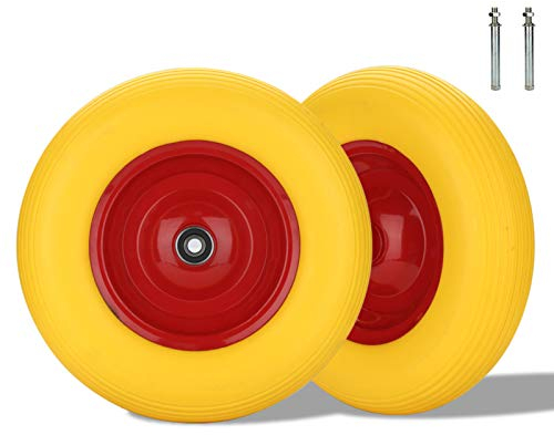 Tubiaz Lot de 2 roues de brouette en caoutchouc plein avec axe 4,80 4,00-8 Ø 390 mm - Roue en caoutchouc anti-crevaison - Jante en acier - Pneus en polyuréthane - Jaune - Pour brouette de jardin
