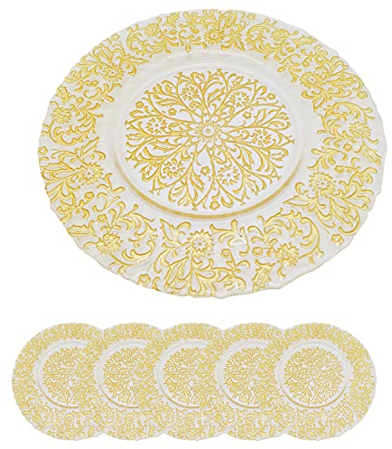 Trimming Shop Assiettes de présentation décoratives pour fêtes, Assiettes en Verre au Design Royal pour décoration, 33 cm, Or, 6 pièces