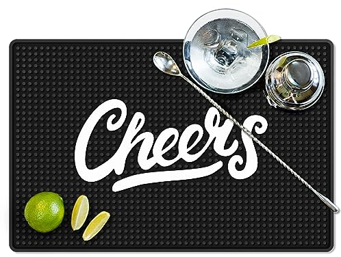 Knot and Style Bar Mat - Cheers Pattern, Black, 18x12 - Non-Slip, Spill-Proof, Durable Rubber Mat for Home Bar & Bartending